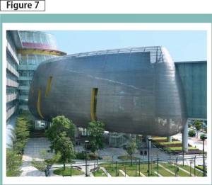 Guangzhou 2nd Children’s Activity Centre (China) was wrapped in stainless steel mesh to reduce energy requirements and create a seamless sculptural shape. Photo courtesy Steffian Bradley Architects