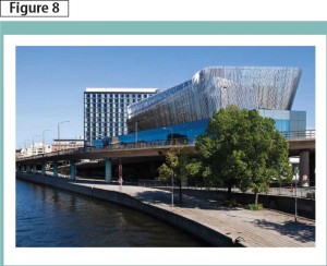 Contoured, ribbon-like, softly reflective pieces of stainless steel hover away from the Stockholm Congress Centre, creating its distinctive appearance. Photo courtesy Outokumpu