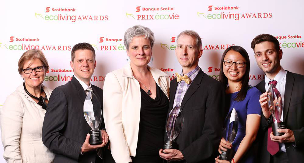 Scotiabank’s Kaz Flinn (left) is pictured here with the winners of the 2014 Scotiabank EcoLiving Awards. The winners are (from left to right) Tim Johnson (EnergyMobile Studios), Jennifer Corson and Keith Robertson (Solterre Design), and Fiona Yuan and Christopher Tegho, students from McGill University. Photo © Peter Power