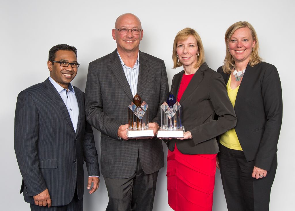 At the 2014 Sustainable Electricity Awards, Canadian Electricity Association’s (CEA’s) director of sustainable development, Channa Perera, and vice-president external relations/communications, Sandra Schwartz, flank BC Hydro’s executive vice-president, Greg Reimer, and Ontario Power Generation (OPG) vice-president corporate relations and communications, Jacquie Hoornweg. Photo courtesy CEA