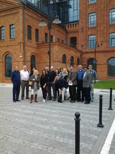 The Canadian delegation in front of the Lodz Special Economic Zone headquarters in a restored Victorian-era textiles factory, during the green business networking event in Lodz, Poland. Photo © Clara Puskas