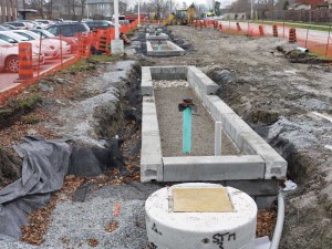 Bioretention planter construction underway—this photo shows the installation of retaining wall and high-performance bedding.