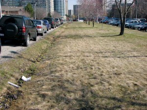 This photo shows before construction where poor stormwater drainage is going through a grass ditch.