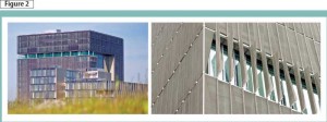 Type 316 stainless steel exterior sunscreens in varying styles were used on this German corporate campus. The systems actively adjust to seasonal and weather conditions in order to reduce energy requirements. Photos courtesy ThyssenKrupp AG