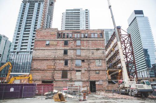 Chinese real estate developer Greenland Group is conducting the highest façade ever retained in Canada at Toronto’s Westinghouse location.  Photo © Geoff Fitzgerad