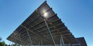 Sunlight shines through a solar carport constructed using panels with a clear backsheet, filtering the light and providing cell visibility from below. All photos courtesy VCT Group