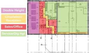 Utilization of a car dealership in Red Deer, Alta., by zone. Image courtesy Cover Architecture