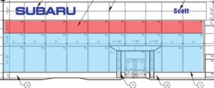 South elevation showing insulated spandrel panel (red) and standard curtain wall glazing (blue).  Image courtesy Cover Architecture