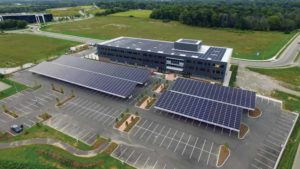 Solar design integrated at evolv1, the first project to receive a Zero Carbon Building–Design certification from the Canada Green Building Council (CaGBC). The roof is a 264-kW feed-in tariff system, while the 504 kW of panels on the carports provide power directly to building occupants.