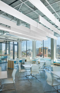 The vertical blades offer a linear visual along with excellent sound absorption because sound is absorbed on the front, back, and sides of the panels.