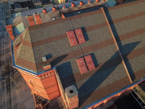 Smoke vents from BILCO were also installed at the Cincinnati Music Hall during a roof replacement project. Photo courtesy Imbus Roofing