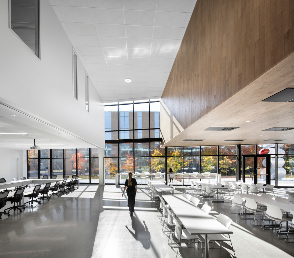 The interior brings in natural light through glass facades.