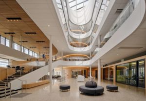 The atrium in the building serves as the agora.