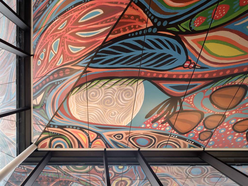 The City Room at the rooftop level features artwork by Anishinaabe/Winnipeg artist Jackie Traverse.
