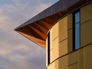 The detail of the building-integrated photovoltaic (BIPV) facade.