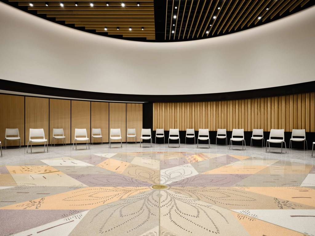 The Roundhouse Auditorium featuring artwork by nêhiyaw/Anishinaabe/British Columbia artist KC Adams.