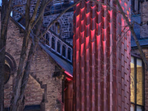 Closeup of the custom copper fabrication at the University College in Toronto, Ontario.