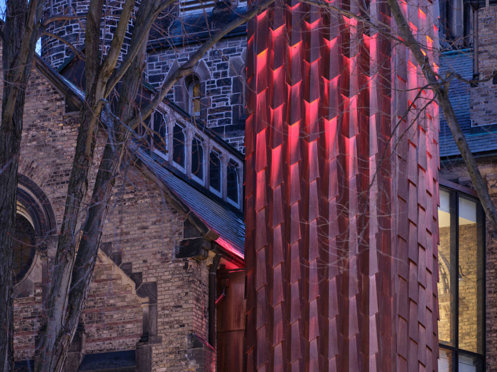 Closeup of the custom copper fabrication at the University College in Toronto, Ontario.