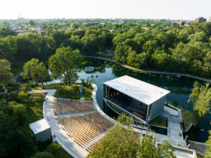 Another aerial view of the theatre, showing the pedestrian path linking to it.