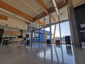The Edgewood Elementary School in Surrey, British Columbia, was designed with a combination of aluminum-framed curtain wall, projected window vents, sliding doors, and swinging entrance doors.
