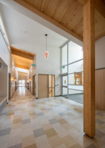 The lobby has a clerestory window to let in natural light.