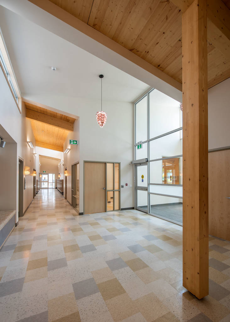 The lobby has a clerestory window to let in natural light.
