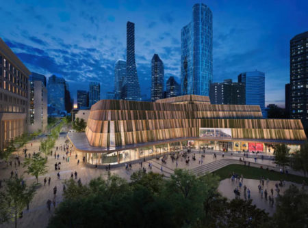 Rendering of a modern building with curved wooden facade lit up at dusk, people gathering in the plaza, skyscrapers in the background.
