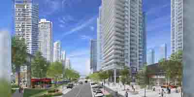 Rendering of the residential complex with people, plantings, and cars on the street