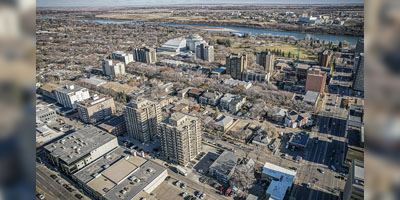 Aerial Drone View of the city of Saskatoon in Saskatchewan, Canada