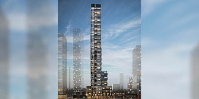 rendering of a tall skyscraper with cityscape behind it