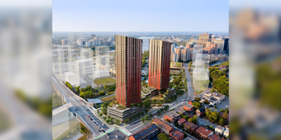 rendering of a cityscape aerial view and focus on two skyscrapers