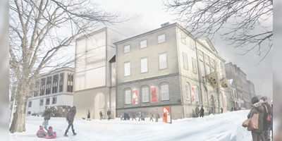 A snowy street scene depicts a historical building with a modern architectural extension. People are seen walking on the snowy path, some carrying bags, while two children play with a sled nearby. The building displays posters on its walls, and leafless trees frame the foreground, creating a serene winter atmosphere.