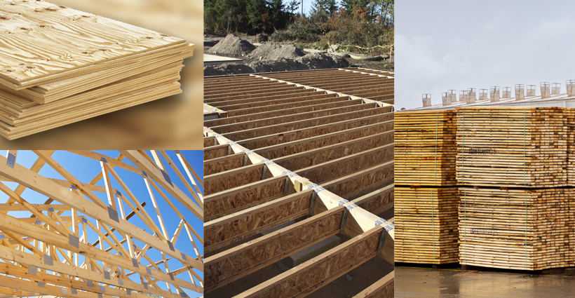 Stacked images of plywood, wood trusses, I-joists, OSB panels, and softwood lumber represent key Canadian wood products.