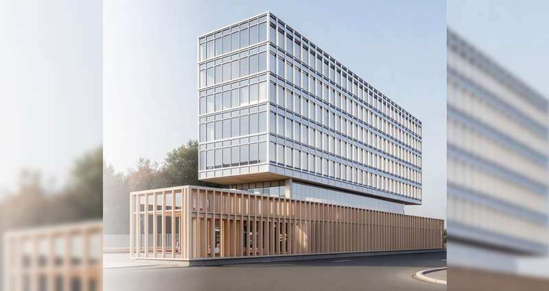 Modern architectural rendering of a multi-story glass office building with a cantilevered design. The ground level features a wood-slatted structure that wraps around the base, creating a contrast with the sleek glass façade above.