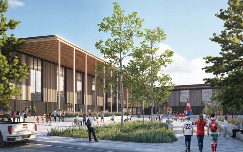 A modern community center bustling with people, featuring lush greenery, a contemporary design, and children playing sports nearby.