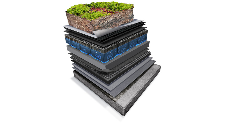 Exploded diagram of a blue roof assembly showing multiple layers including vegetation, soil, drainage, insulation, and waterproofing components.