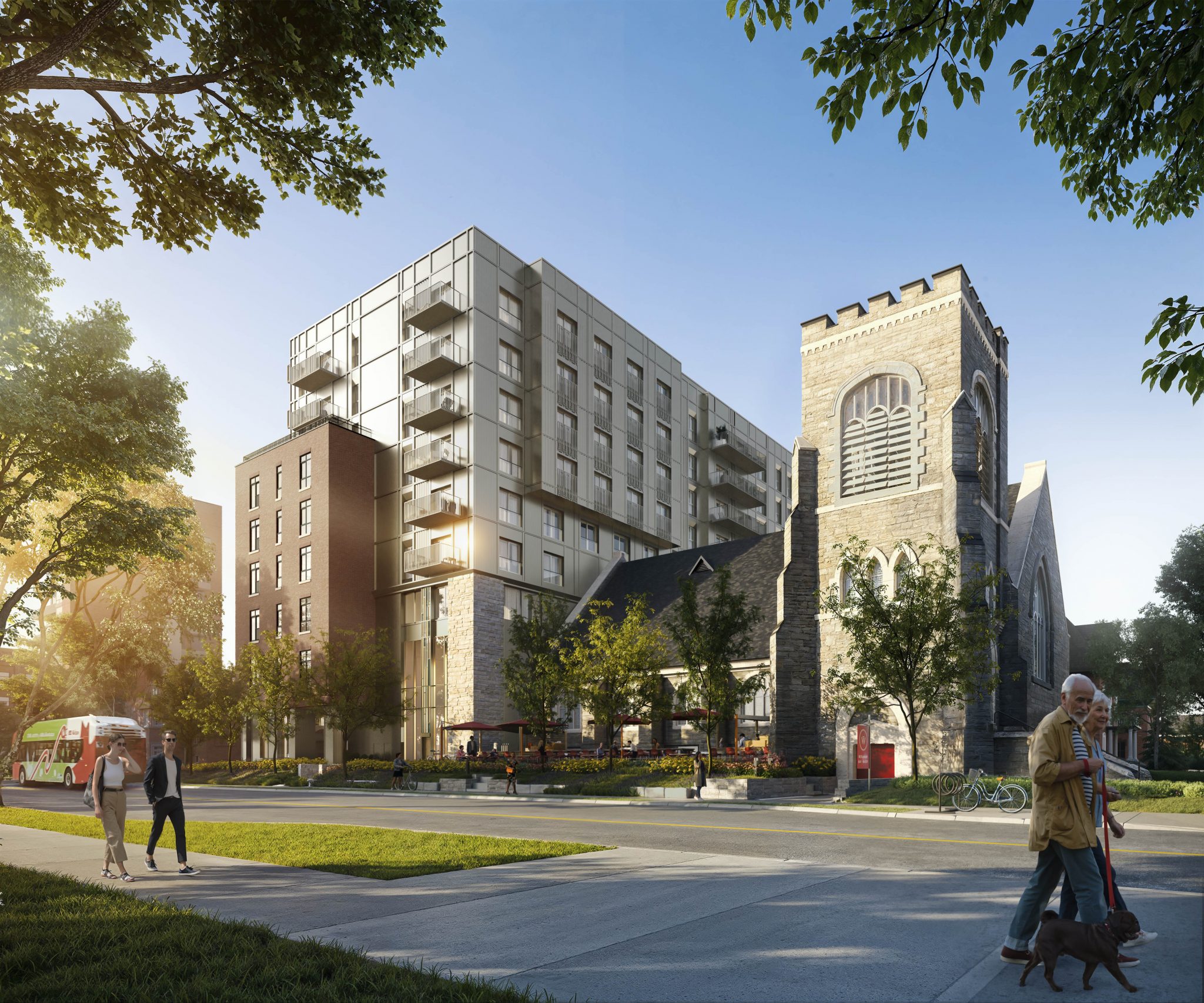 Modern residential building adjacent to a historic church, set in a vibrant urban environment with trees, sidewalks, and a nearby bus.