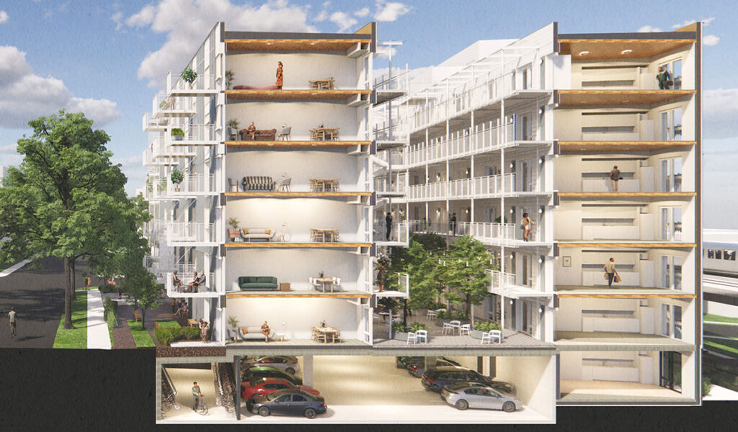 A rendering of Vienna House, with mass timber construction and prefab balconies