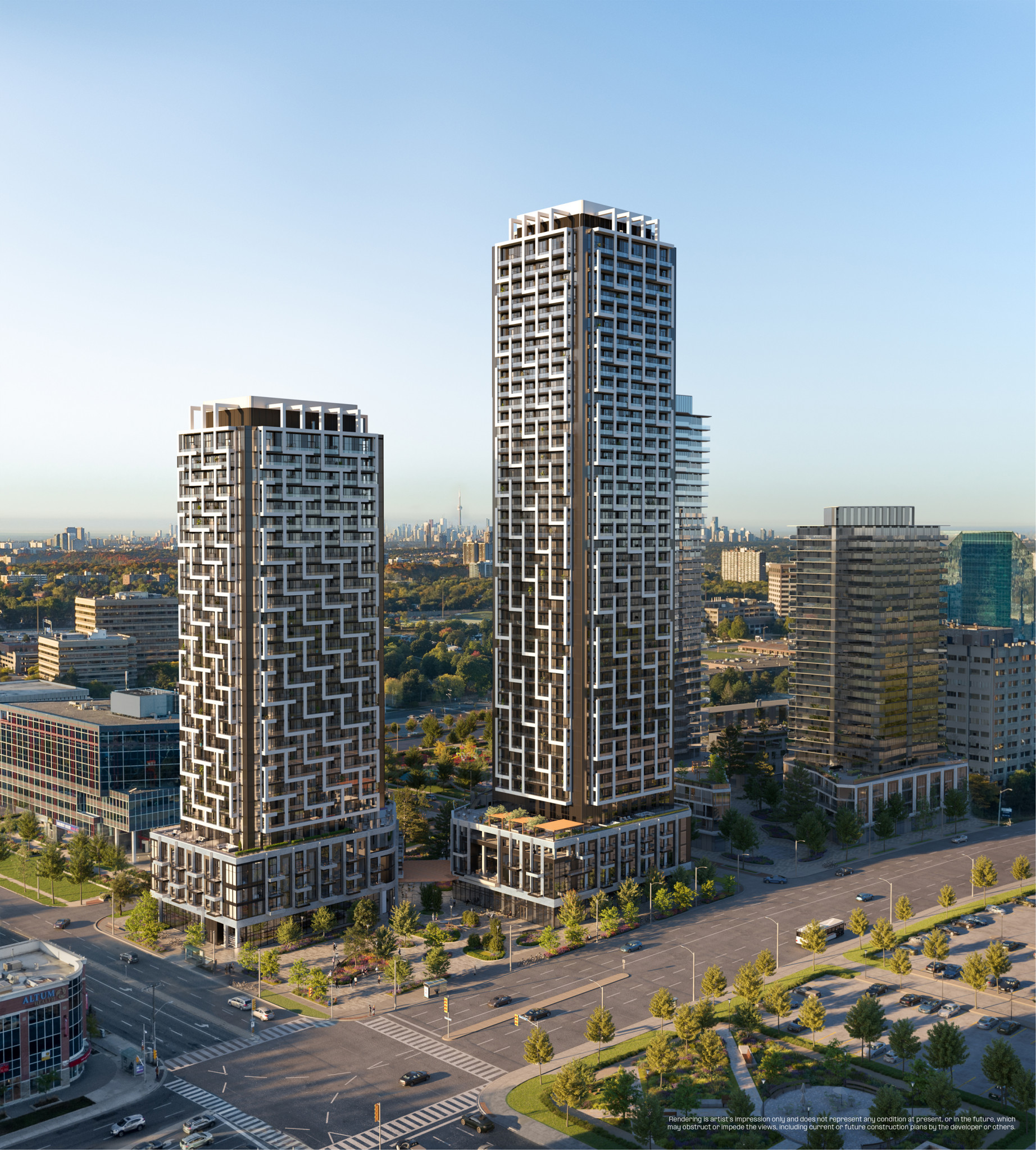 Rendering of two tall residential towers at Lansing Square in Toronto, surrounded by trees, roads, and mid-rise buildings in the background.