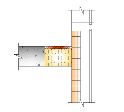 Schematic cross-section of a wall showing layered construction: concrete, insulation, and brick finish.