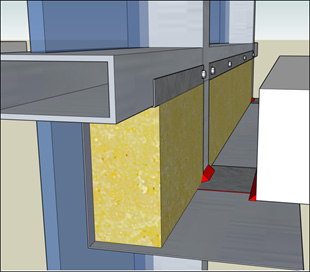 Close-up of a structural connection showing metal beams and a yellow insulating material between them, with visible fasteners.