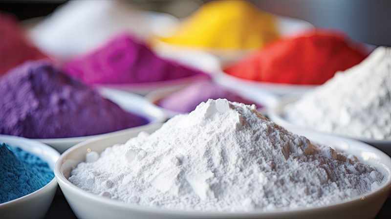 A collection of colorful powdered pigments in shallow bowls, with vibrant hues of blue, purple, red, yellow, and white prominently displayed.