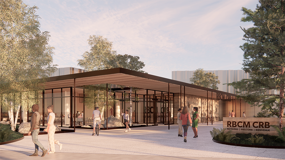 Modern building entrance features large glass windows, surrounded by trees, with people walking and cycling in a welcoming outdoor space.