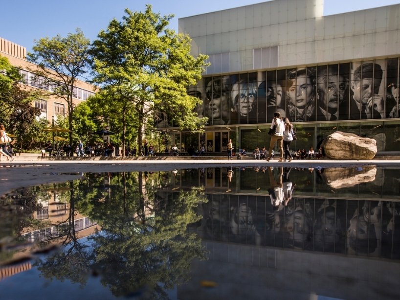 A sunny college courtyard features greenery and a reflective puddle, with students walking and socializing near a modern building.