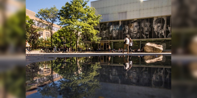 A sunny college courtyard features greenery and a reflective puddle, with students walking and socializing near a modern building.