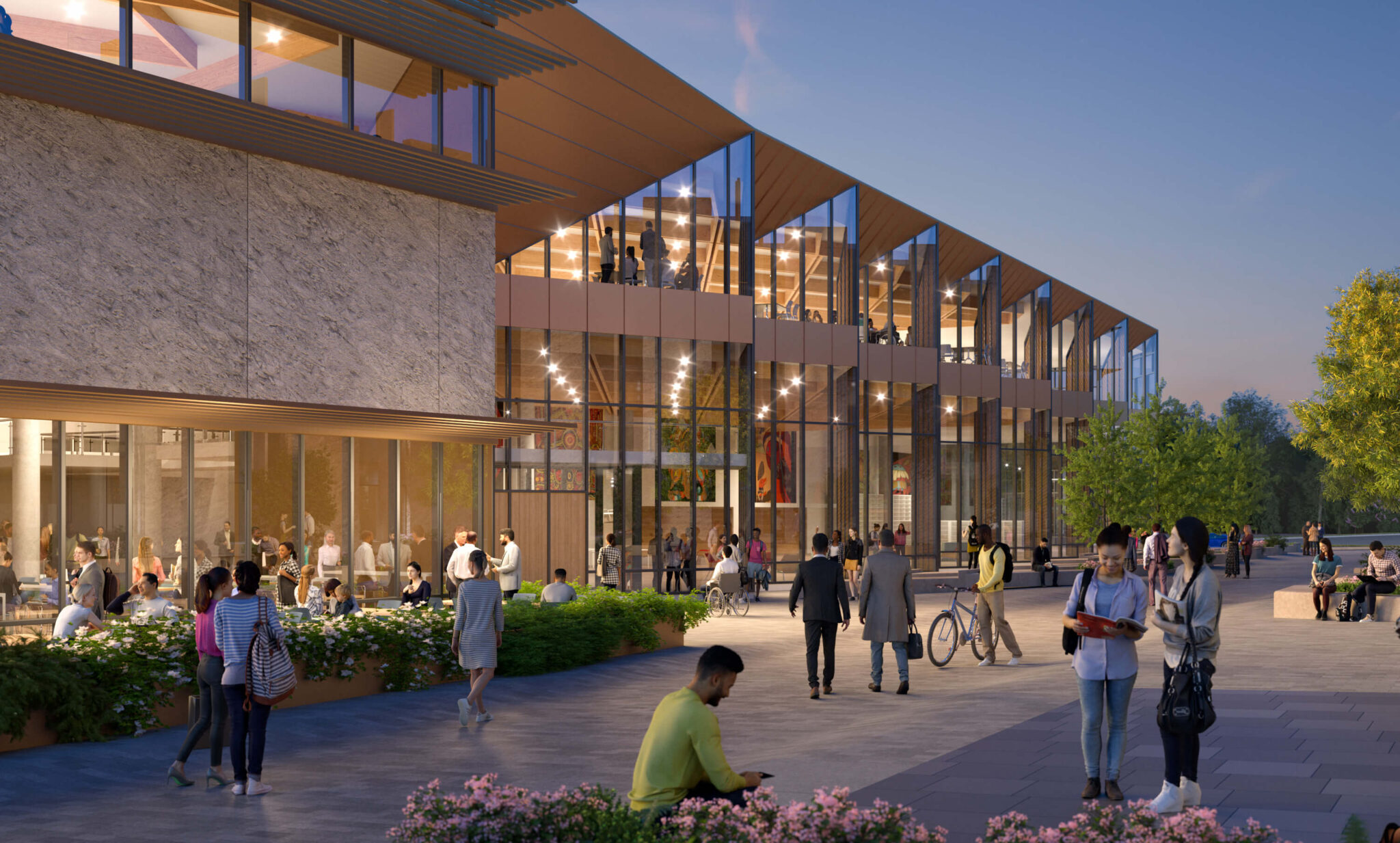 A modern building with large glass windows, people mingling outside, greenery, and activities on a lively evening.