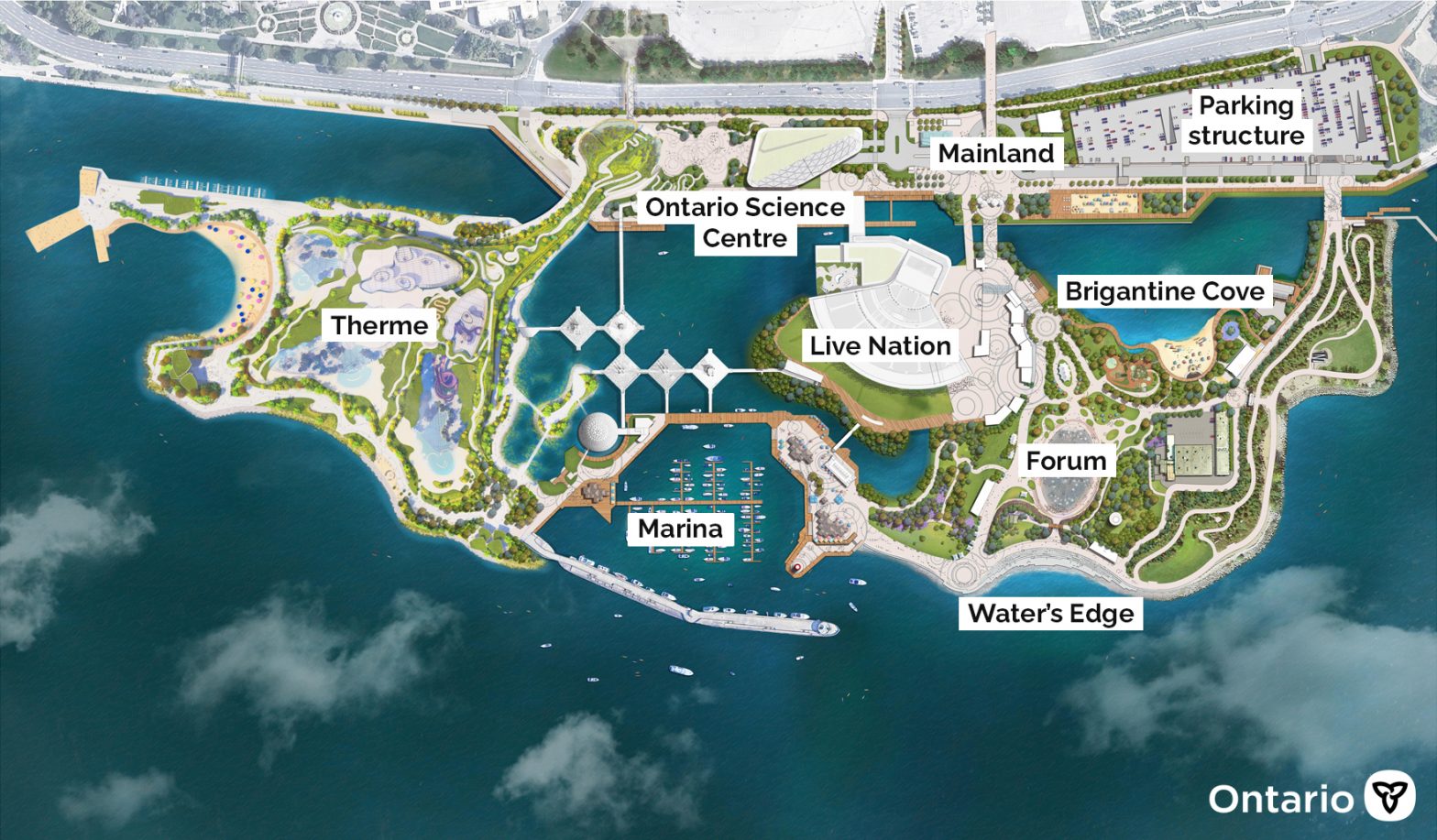 Map of a waterfront development in Ontario featuring attractions like the Ontario Science Centre, Therme, Marina, and amphitheater areas.