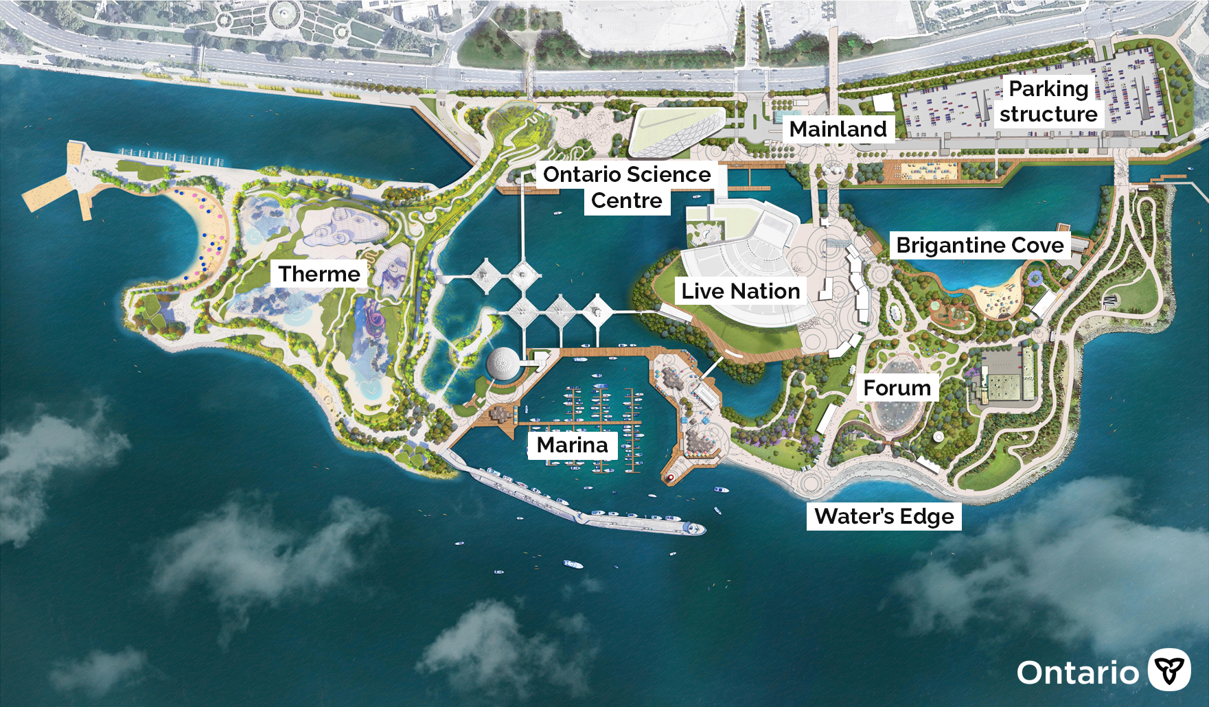 Map of a waterfront development in Ontario featuring attractions like the Ontario Science Centre, Therme, Marina, and amphitheater areas.