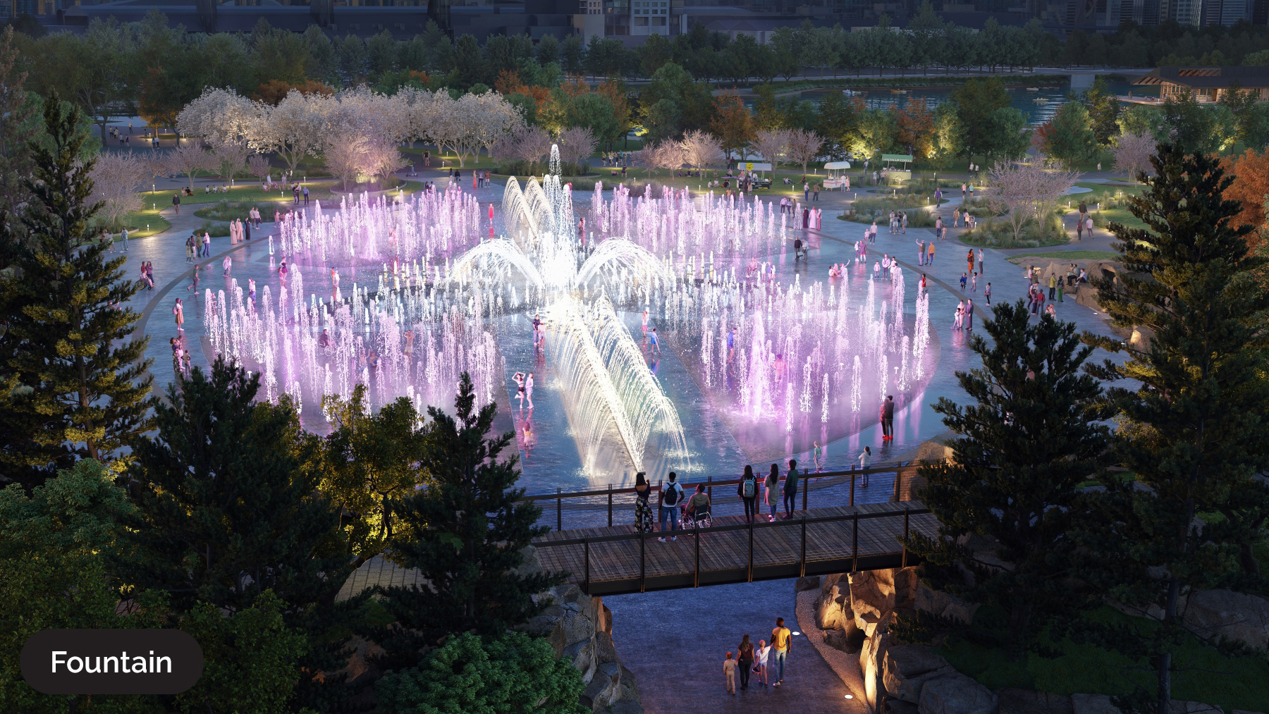 A vibrant fountain with multicolored water jets entertains visitors in a park, surrounded by trees and blooming flowers at dusk.
