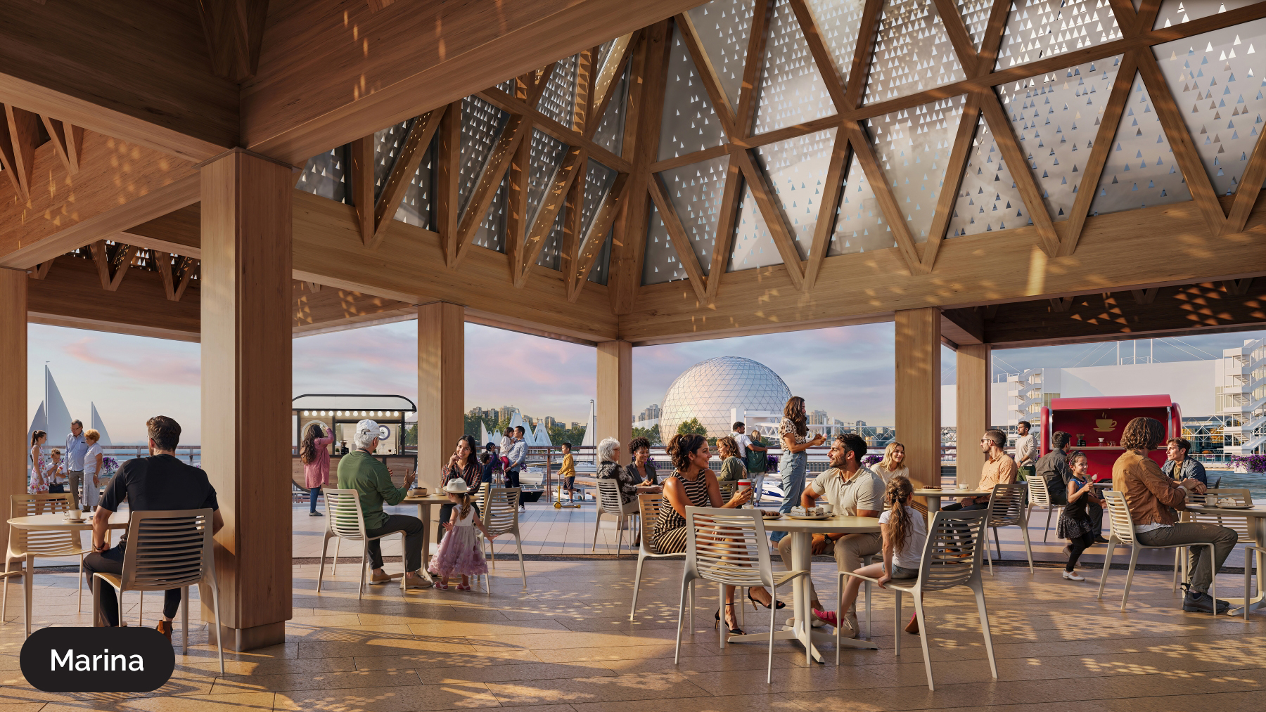 A lively marina café with people enjoying drinks, wooden architecture, and a scenic view of sailboats and a dome structure outside.